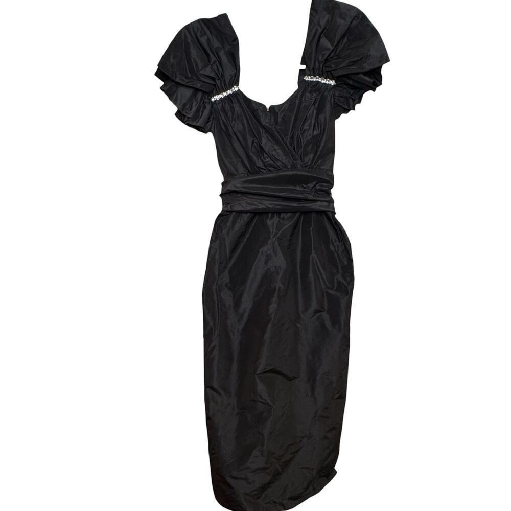 1980's Black Pouf Sleeve Satin Bejeweled Maxi Length Miss Baker Evening Dress